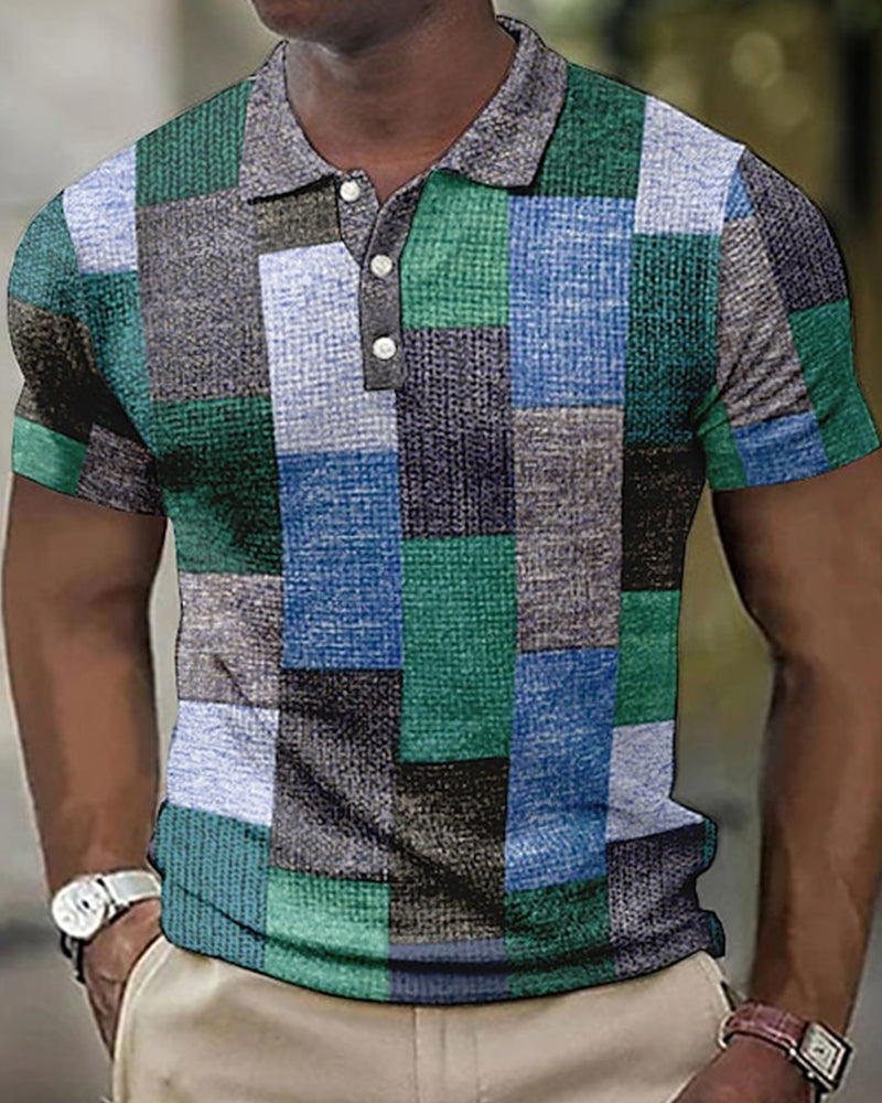 Herr Pikétröja – Slim Fit – Mjukt Stickat Material – Patchwork – Kort Ärma Casual