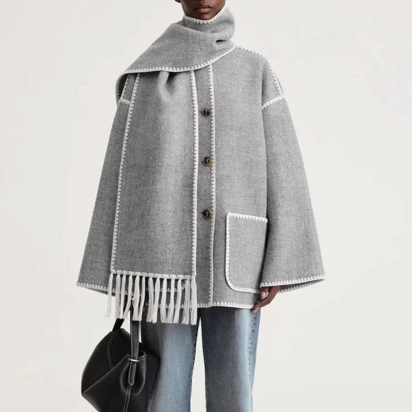 Kvinnors Cape Kappa - Elegant Lös Passform - Knäppning & Fickor - Scarf med Franskant
