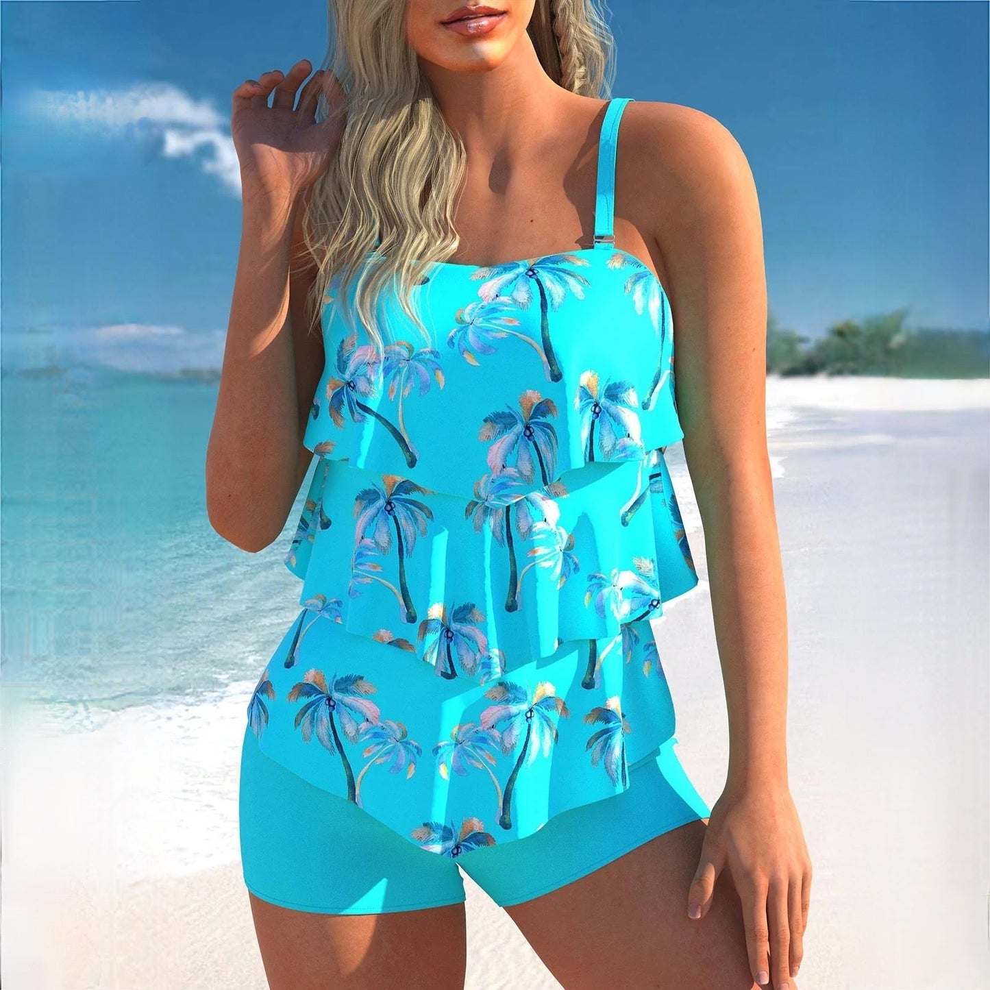 Dam Tankini Set – Avslappnad Passform – Volangtop – Justerbara Axelband – Badeshorts