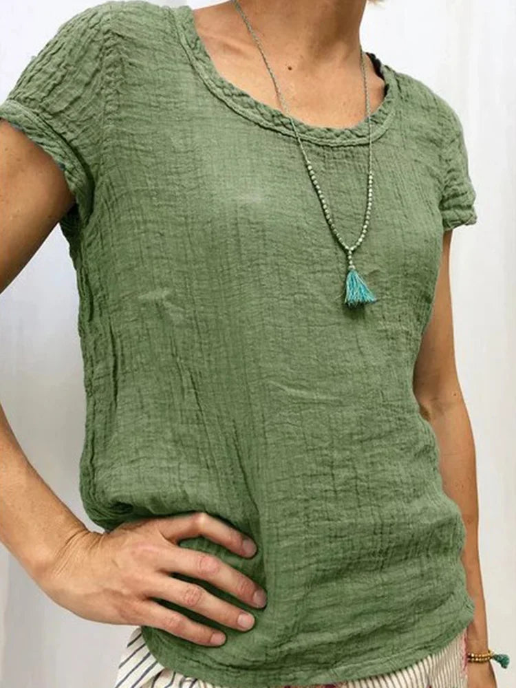Dam T-shirt – Avslappnad Passform – Skrynklig Textur – Kort Ärm – Andningsbart Tyg