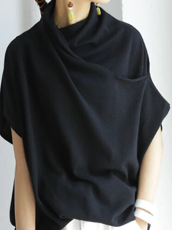 Dam Topp - Asymmetrisk Draperad Krage - Kortärm - Lös Passform - Elegant och Bekväm