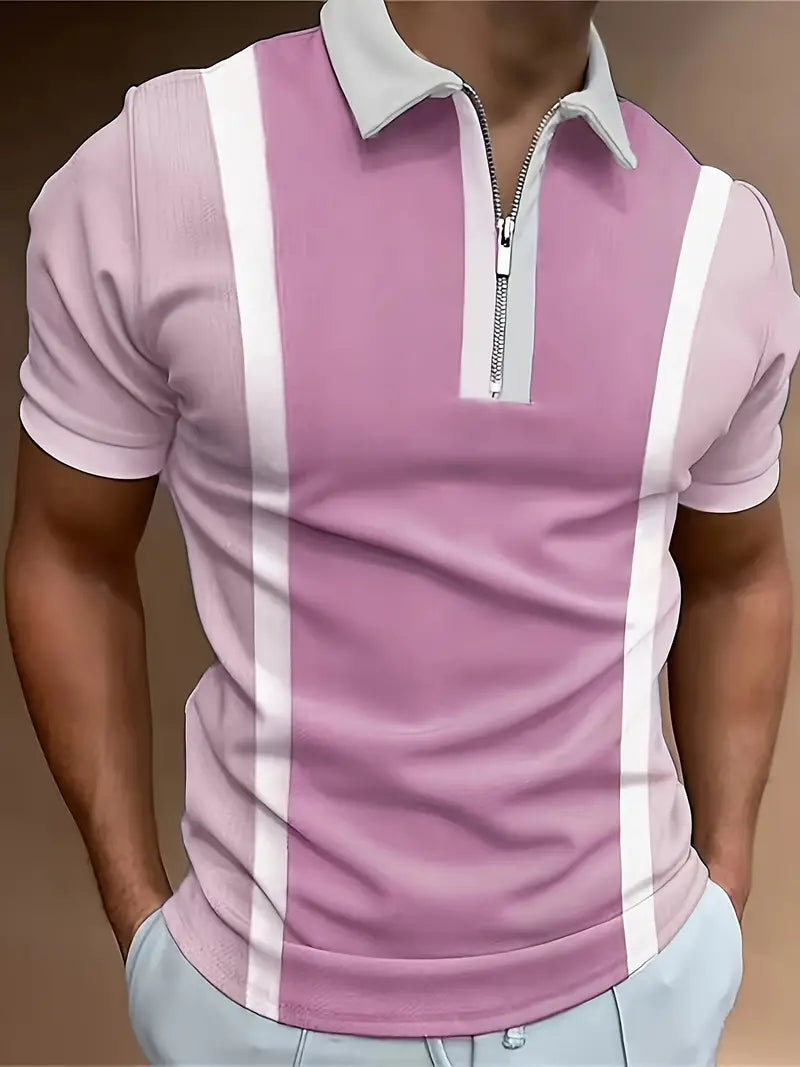 Herr Pikétröja - Slim Fit - Dragkedja Krage - Randig Kortärmad