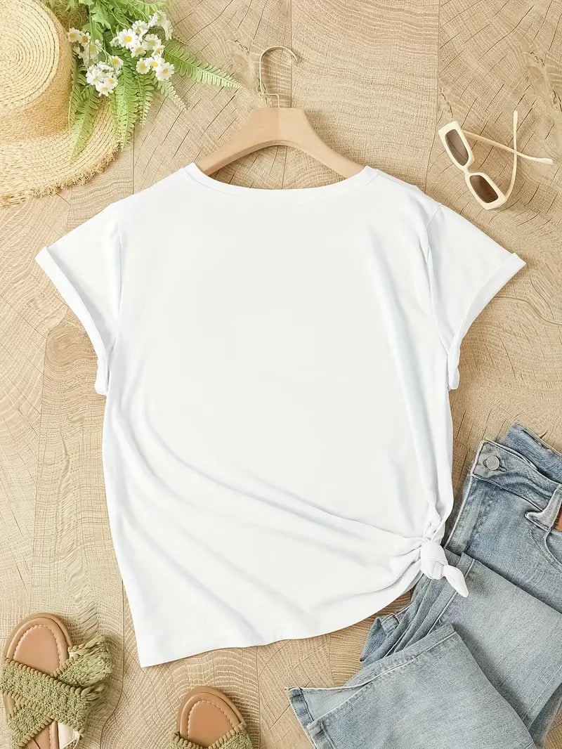 Dam T-shirt – Avslappnad Passform – Andningsbar Mix – Blommigt Tryck – Kort Ärm