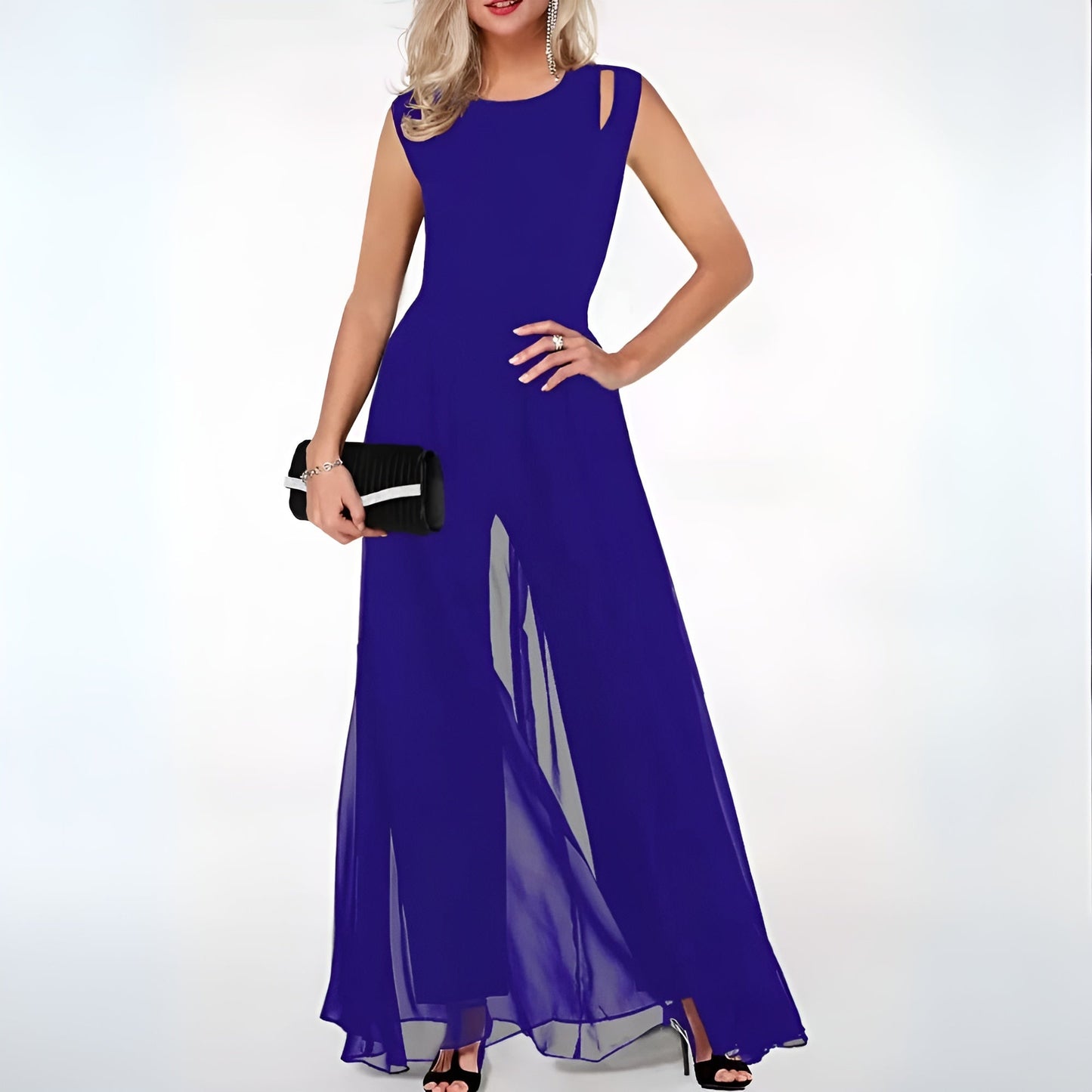 Dam Jumpsuit - Ärmös - Utskuren Detalj - Vida Ben - Maxi Overlay - Elegant Festdräkt