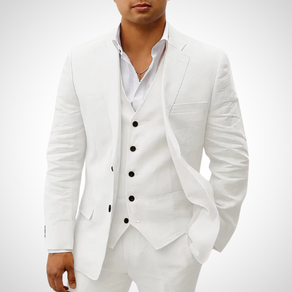 Herrkostym – Slim Fit Blazer, Västdel och Byxor – Klassisk Ullstruktur