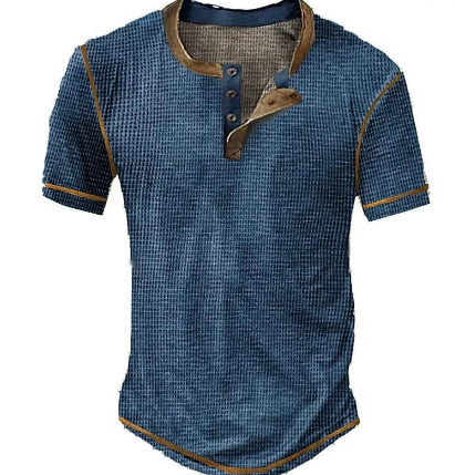 Herr Henley T-shirt – Regular Fit – Mjukstickad – Kort ärm – Vintage stil – Avslappnad