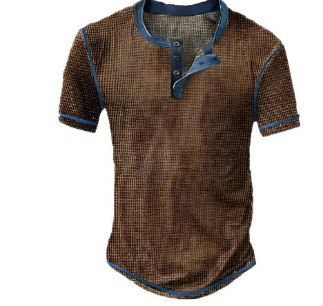 Herr Henley T-shirt – Regular Fit – Mjukstickad – Kort ärm – Vintage stil – Avslappnad