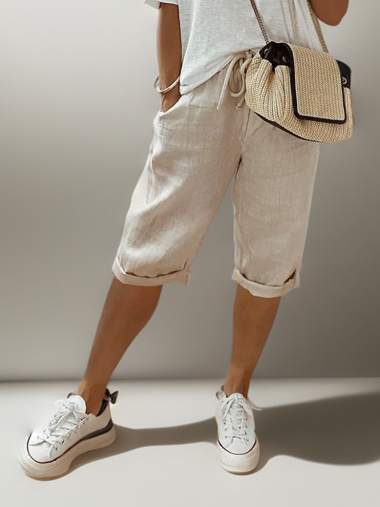 Dam Bermuda Shorts - Linne - Knälång - Avslappnad Passform - Justerbar Dragsko
