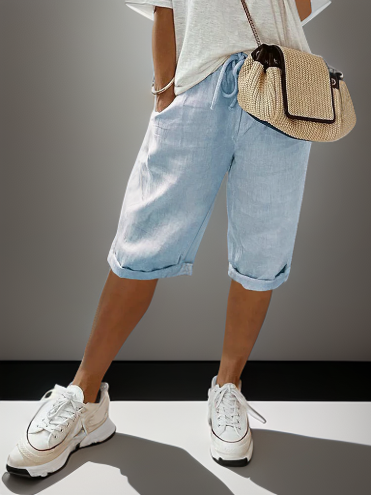 Dam Bermuda Shorts - Linne - Knälång - Avslappnad Passform - Justerbar Dragsko