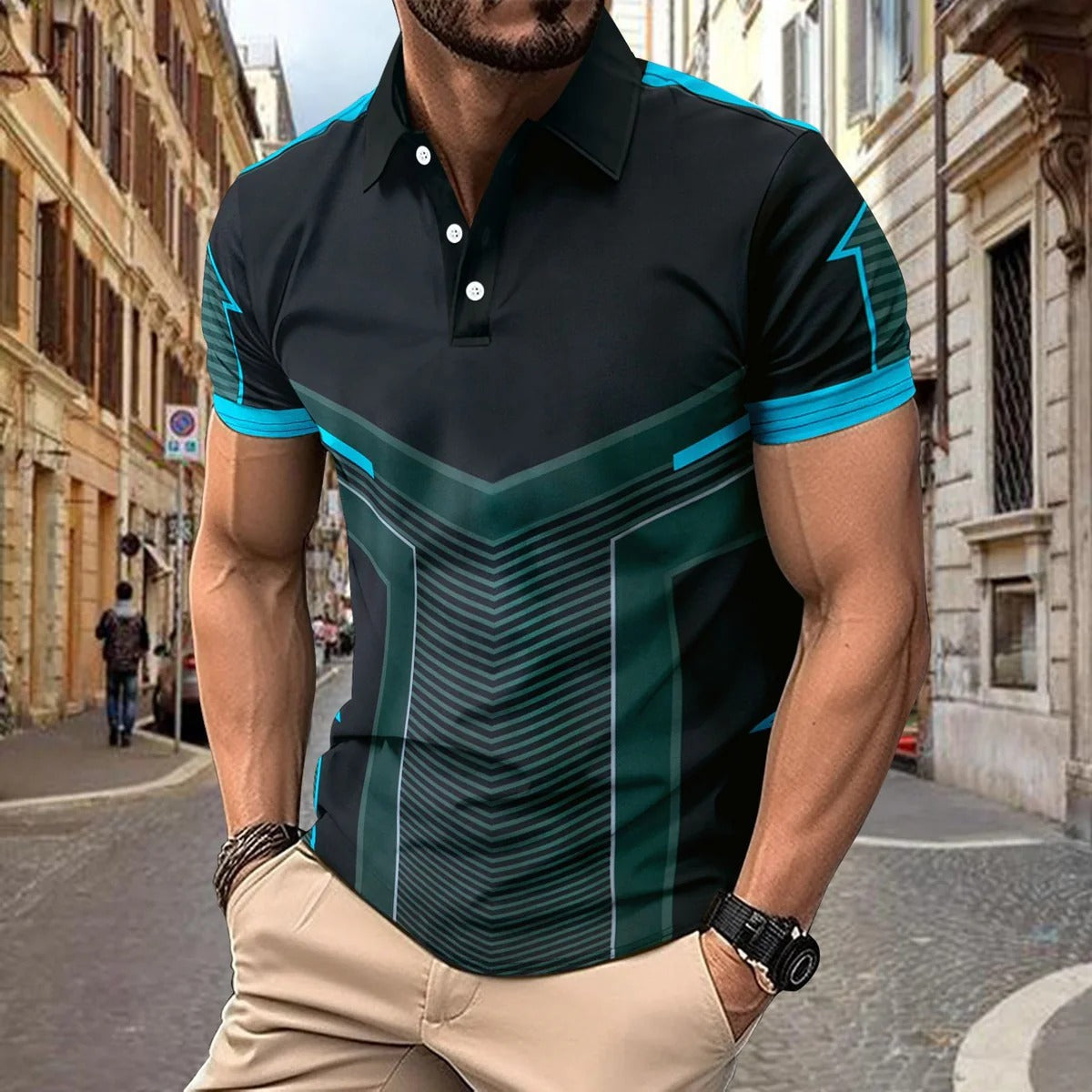 Herrpikétröja – Slim Fit – Stickad – Kort Ärm – Geometriskt Mönster