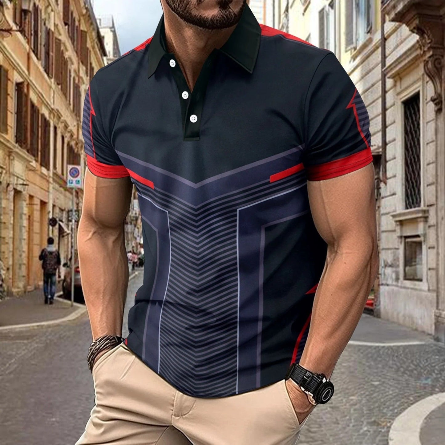 Herrpikétröja – Slim Fit – Stickad – Kort Ärm – Geometriskt Mönster
