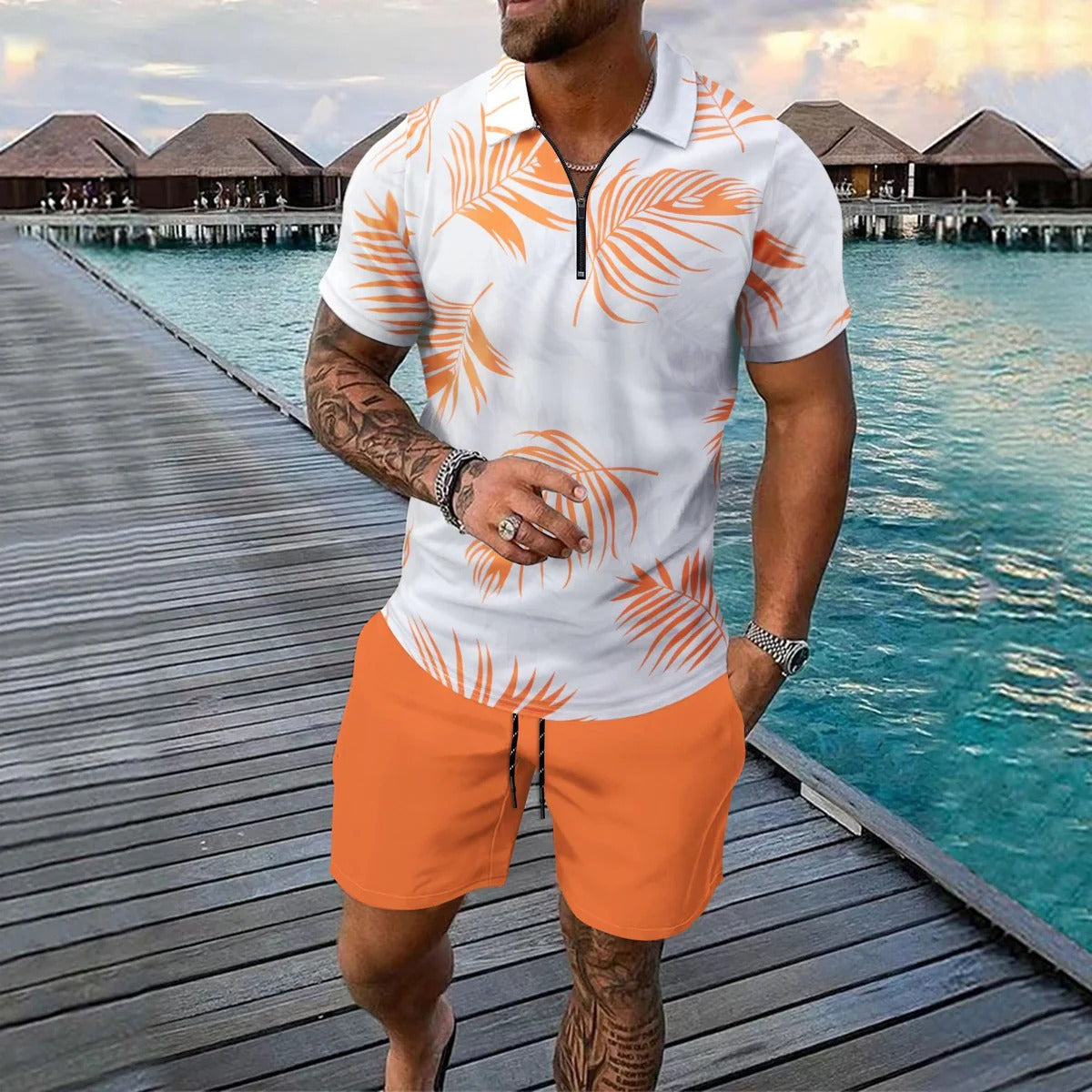 Herrset med pikétröja och shorts – Slim fit – Zipkrage – Tropiskt mönster