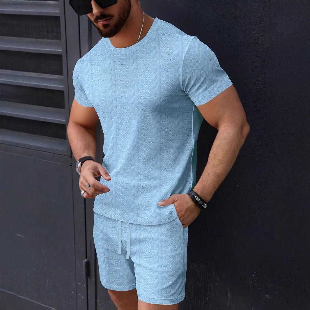 Herr Set T-shirt och Shorts – Texturstickad – Regular Fit – Rund Hals – Dragsko Midja