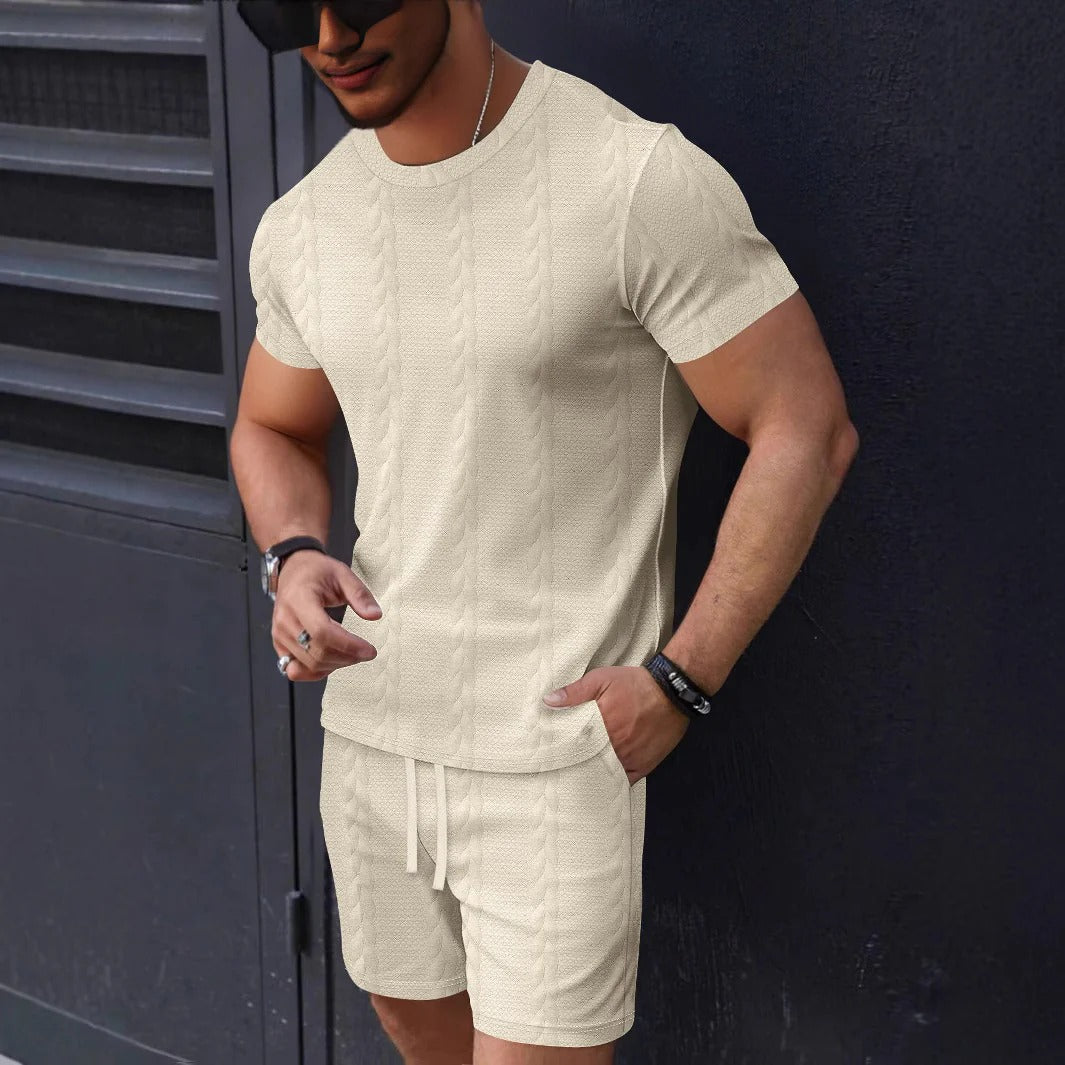 Herr Set T-shirt och Shorts – Texturstickad – Regular Fit – Rund Hals – Dragsko Midja