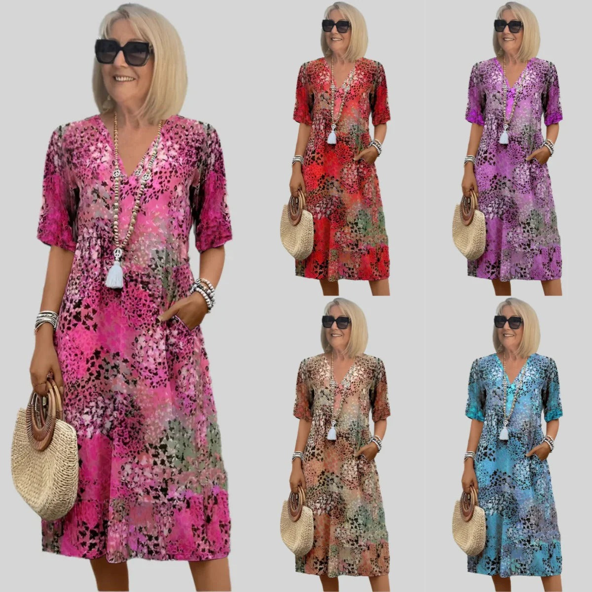 Damklänning midi – Avslappnad passform – V-ringning – Kort ärm – med fickor