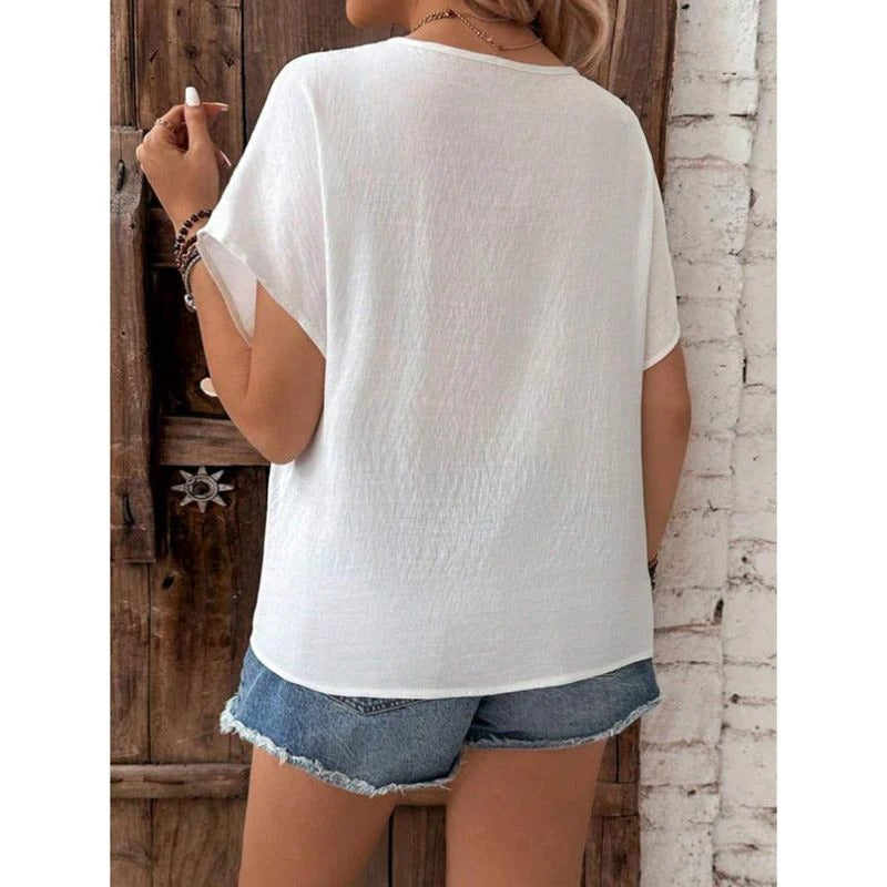 Women’s Lace Trim V-Neck Short Sleeve Blouse with Relaxed Fit