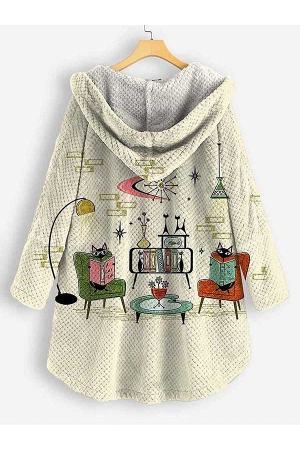 Damjacka med Huva – Fleecekänsla – Oversized Passform – Öppen Front – Tryckt Motiv