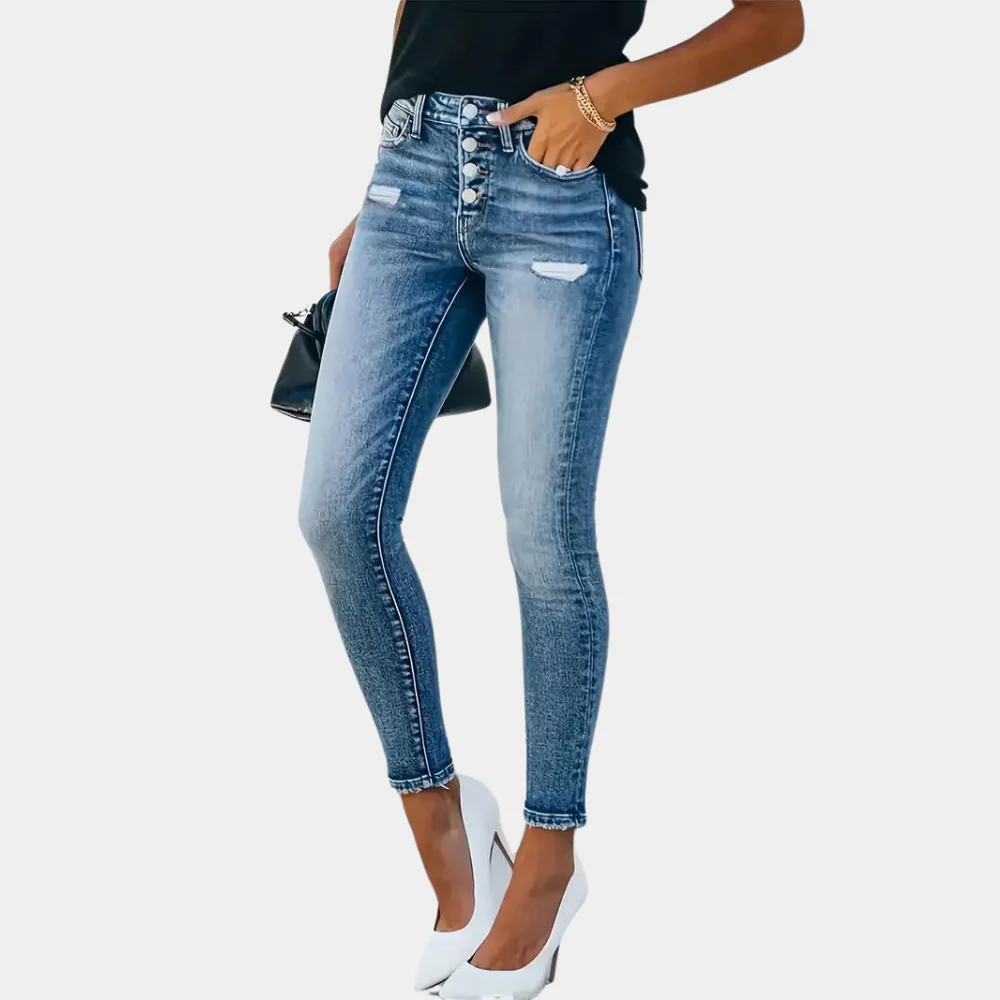 Dam Jeans Skinny – Slim Fit – Knappgylf – Slitna Detaljer – Hellånga