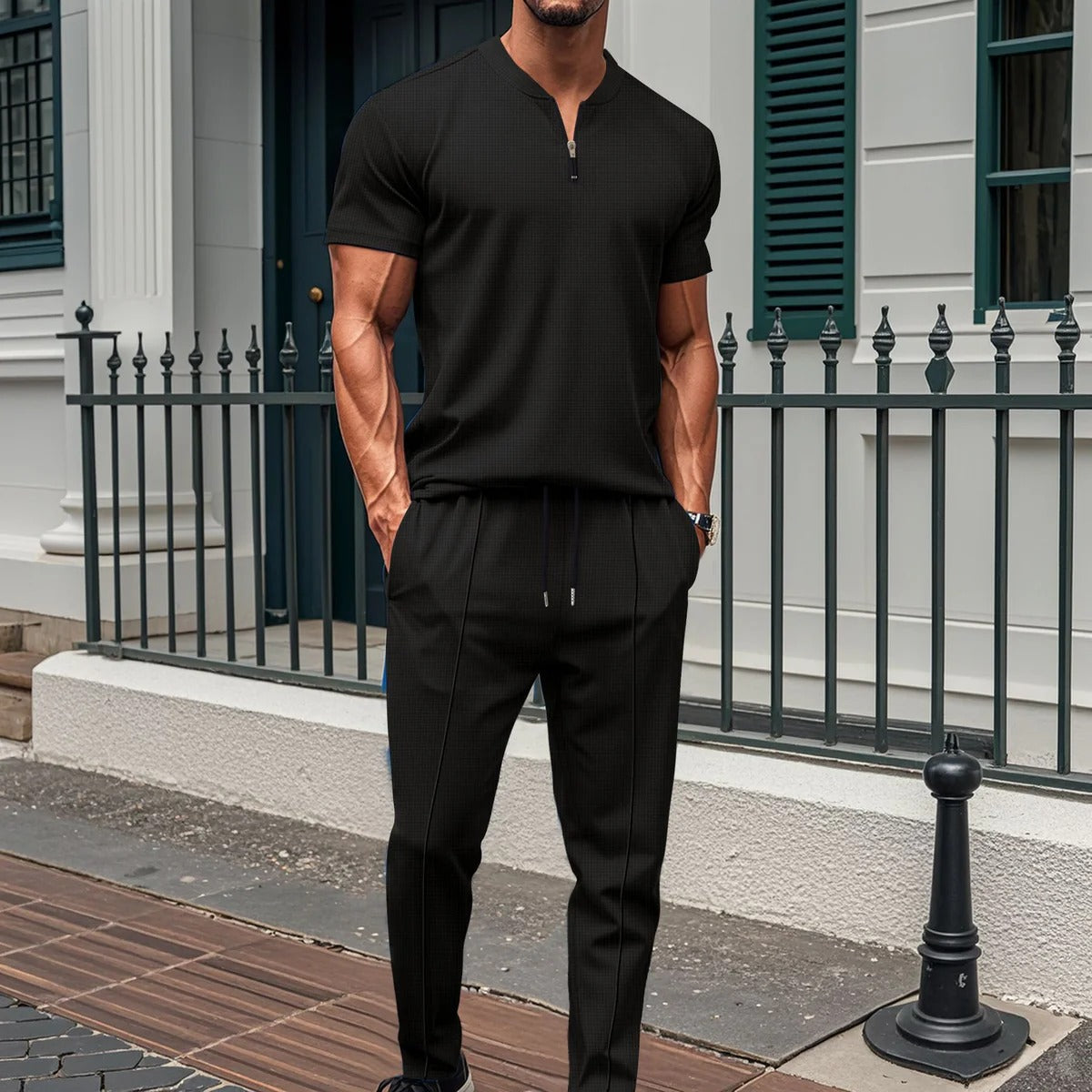 Herrträningsset – Slim Fit – Kortärmad Tröja med Dragkedja – Byxa med Resårmidja