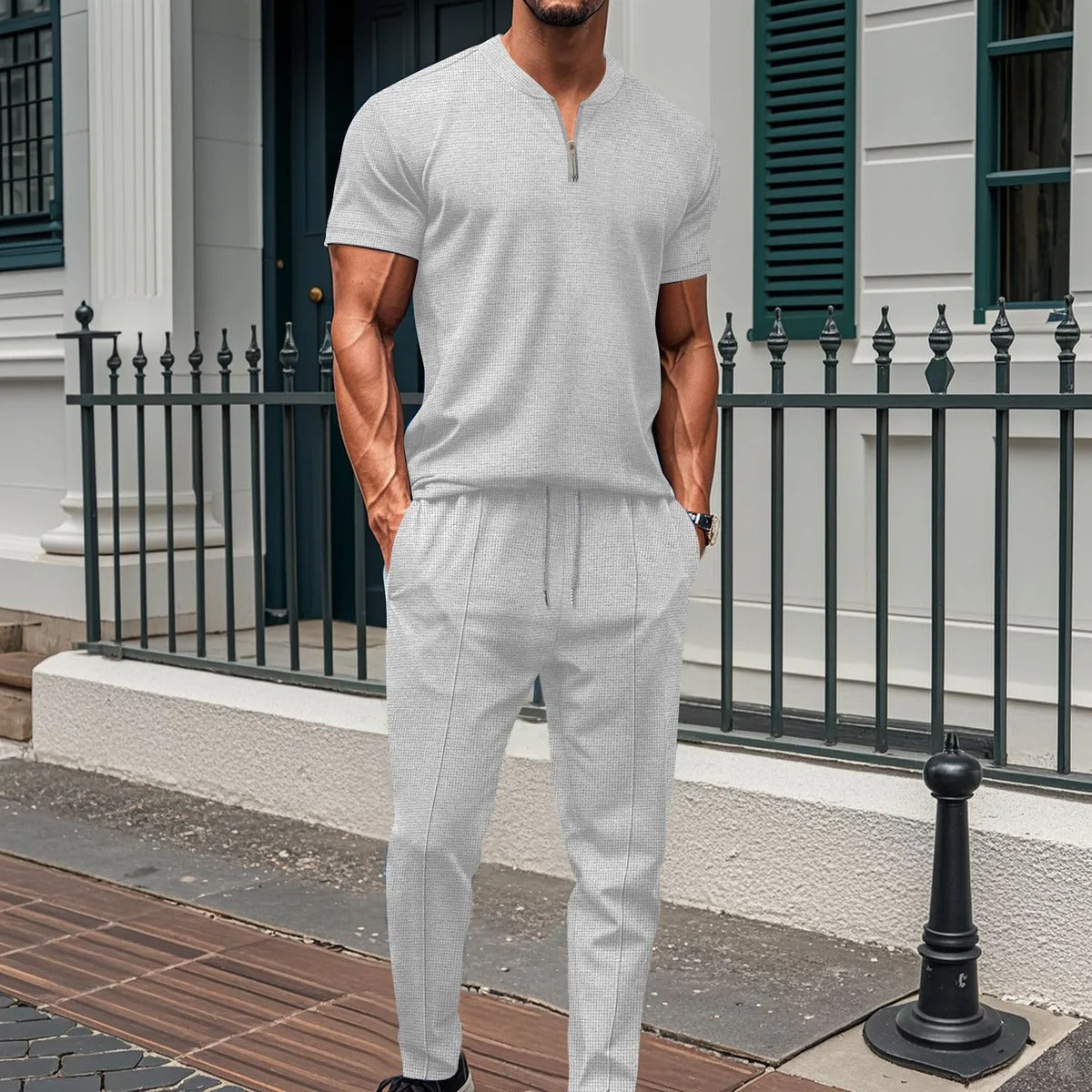 Herrträningsset – Slim Fit – Kortärmad Tröja med Dragkedja – Byxa med Resårmidja