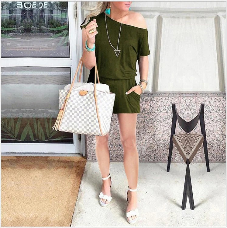Dam Romper – Avslappnad Passform – Off-Shoulder – Kortärmad – Andningsbart Tyg