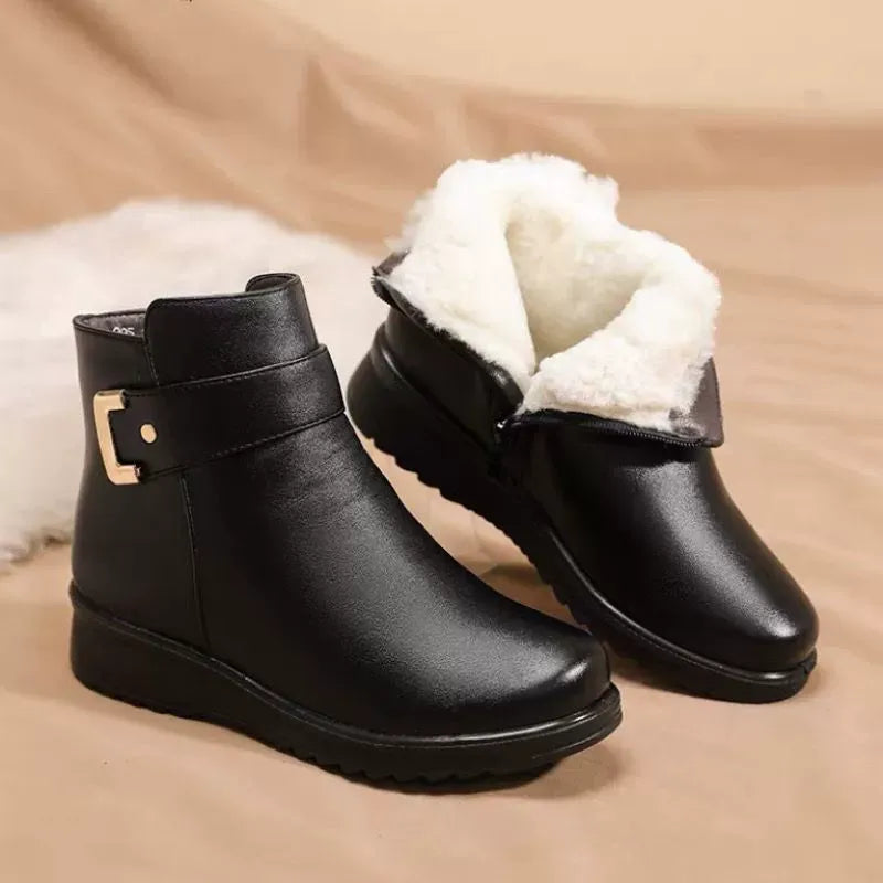 Dam Ankelboots – Skinnliknande Material – Varm Foder – Halksäker Sula – Spänne