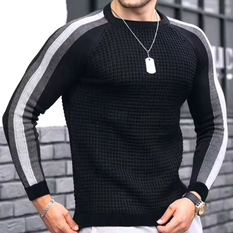 Herrtröja – Slim Fit – Texturerad Ullmix – Randiga Ärmar – Ribbstickade Kanter