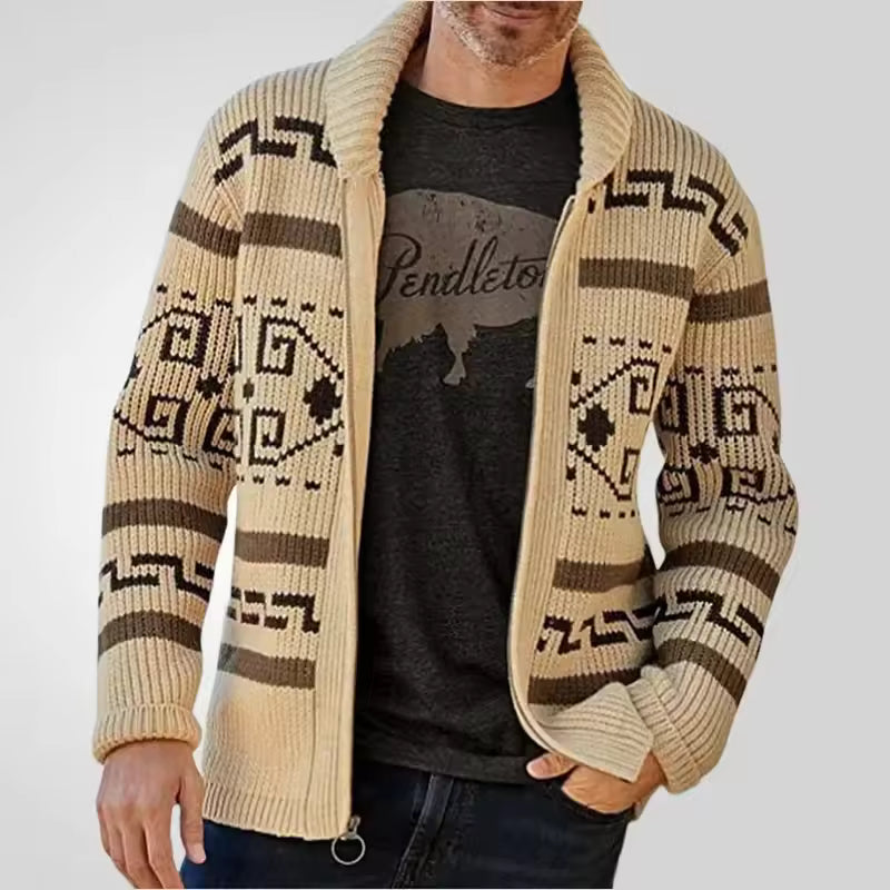 Herrkofta – Ullmixstickad – Regular Fit – Dragkedja – Krage – Mönstrad Design