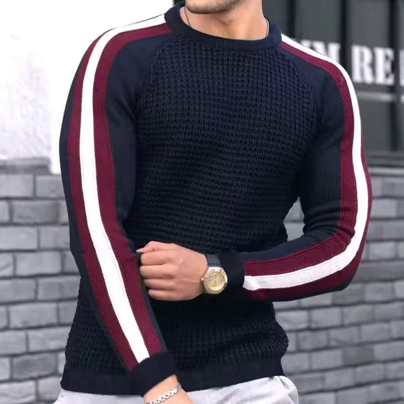 Herrtröja – Slim Fit – Texturerad Ullmix – Randiga Ärmar – Ribbstickade Kanter