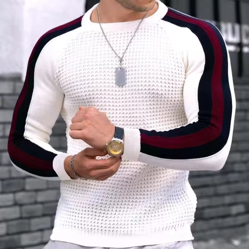 Herrtröja – Slim Fit – Texturerad Ullmix – Randiga Ärmar – Ribbstickade Kanter