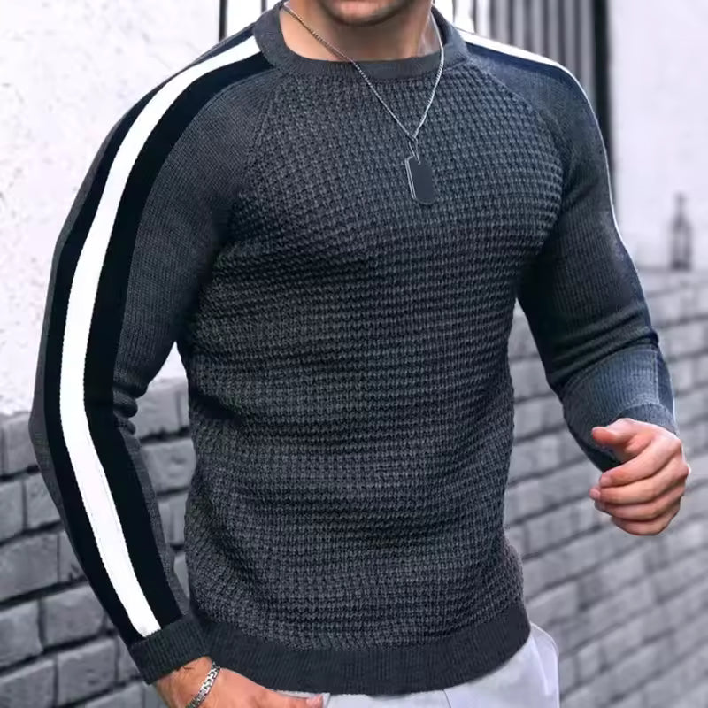 Herrtröja – Slim Fit – Texturerad Ullmix – Randiga Ärmar – Ribbstickade Kanter