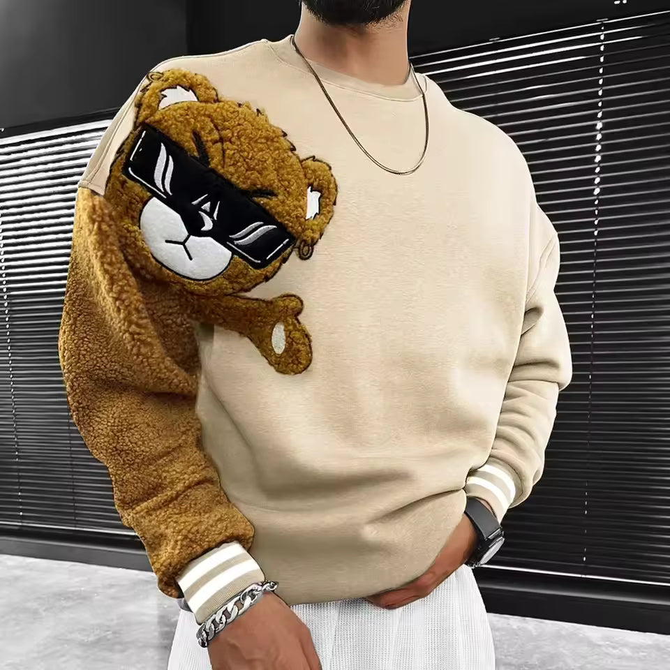 Herrtröjor – Avslappnad passform – Broderad björndesign – Mjuk teddyärm – Ribbade muddar