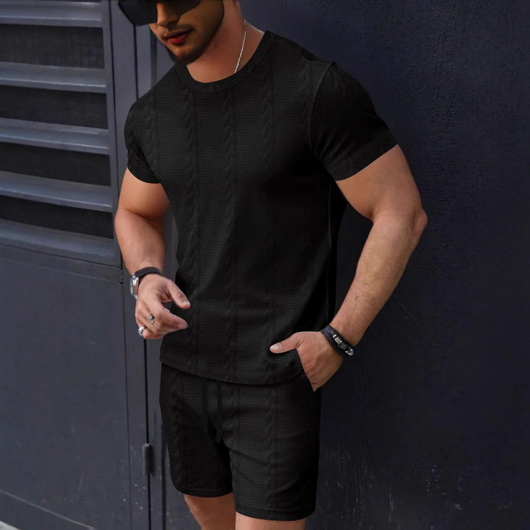 Herr Set T-shirt och Shorts – Texturstickad – Regular Fit – Rund Hals – Dragsko Midja