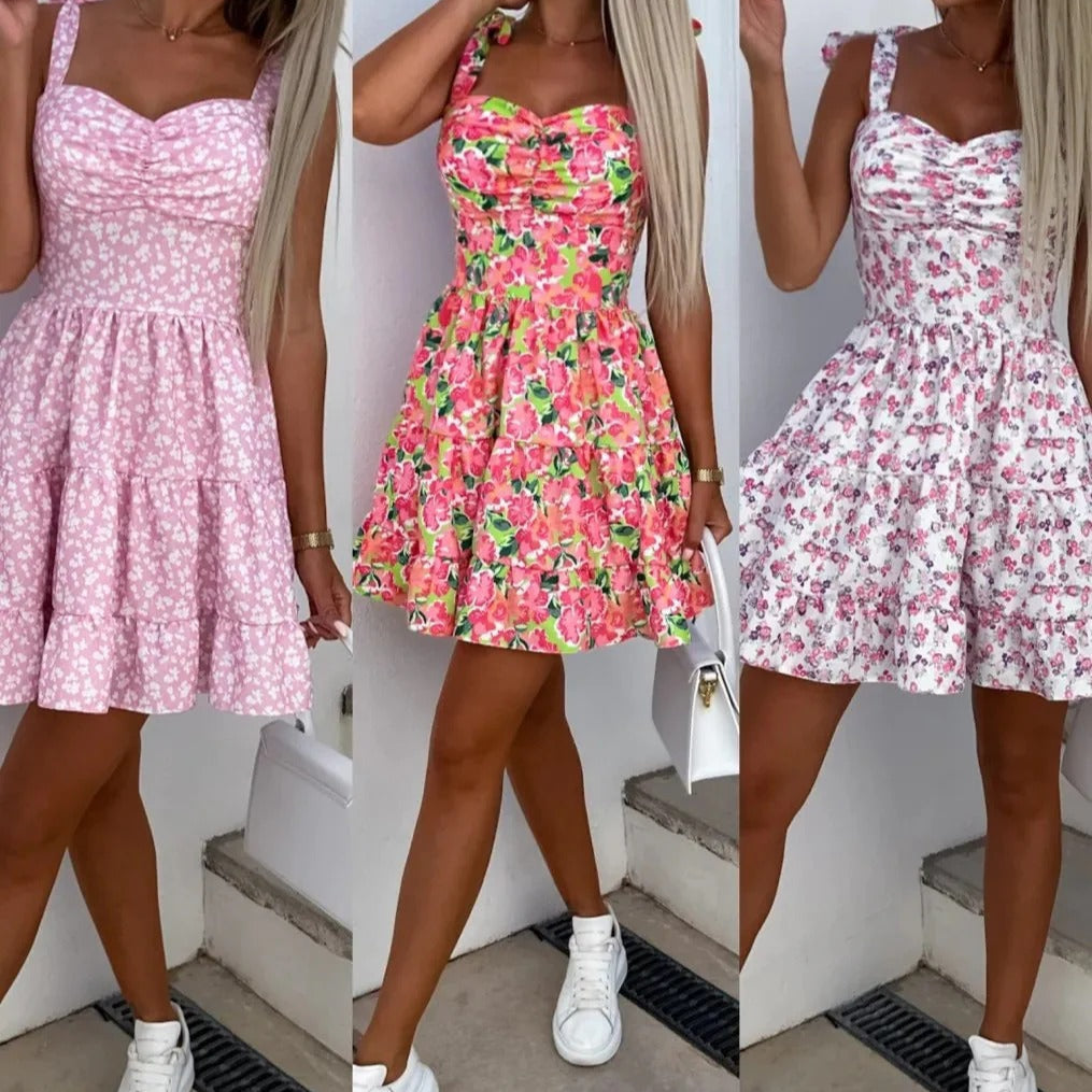 Damklänning – Mini – A-linjeformad – Axelbandslös – Blommigt Mönster – Volangkjol