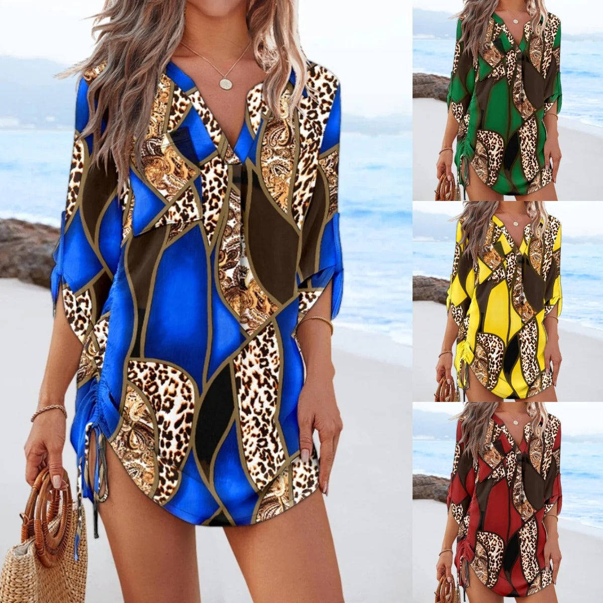 Damklänning strand – Avslappnad passform – V-ringning – 3/4 ärm – Justerbara ribbade sidor