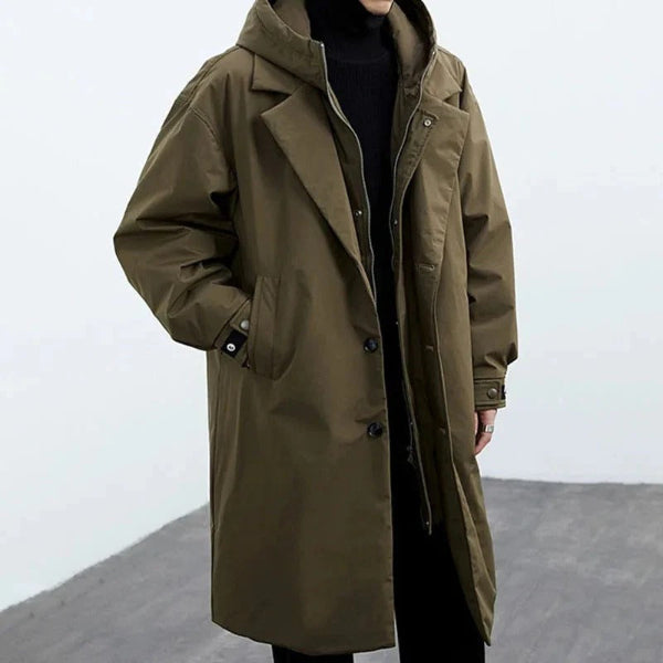 Herr trenchcoat – vattentät oversized passform – huva – knäppning – hellång