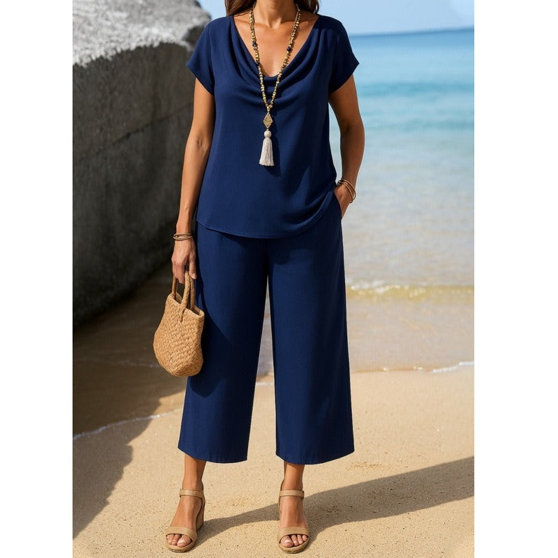 Damset – Avslappnad Passform – Draperad Krage – Kortärmad Topp – Vida Croppade Byxor