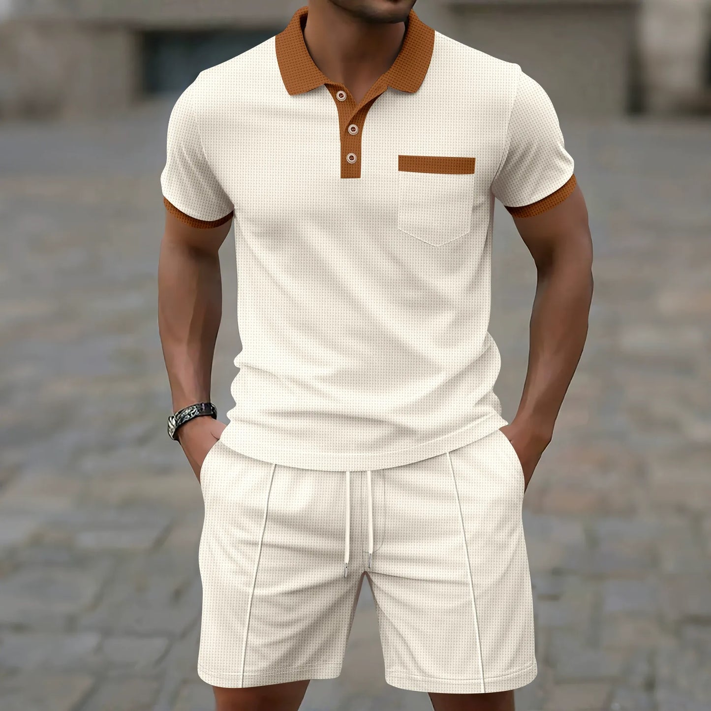 Herrset med pikétröja och shorts – Slim Fit – Andningsbart – Halv knapp – Bröstficka
