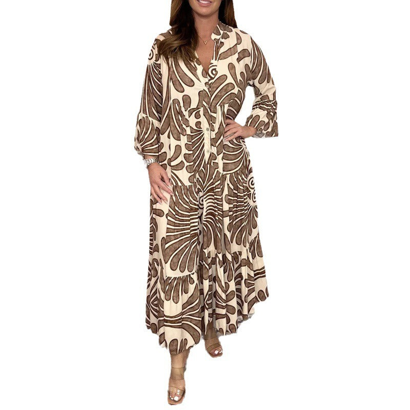 Damklänning midi – Chiffon – Lös passform – V-ringning – Plisserad – Mönstrad – 3/4 ärm