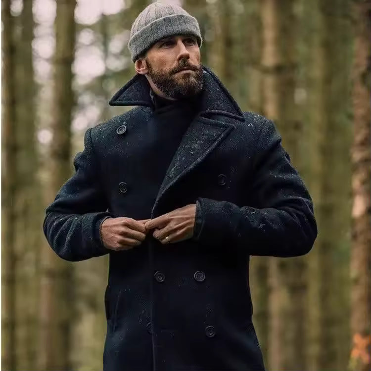 Herr Peacoat – Ullblandning – Skräddarsydd Passform – Dubbelt Knäppe – Mellanlängd
