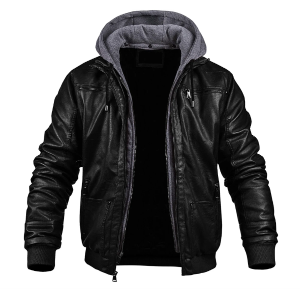 Herrjacka i läder – Slim fit – Huva med dragsko – Dragkedja – Ribbade muddar