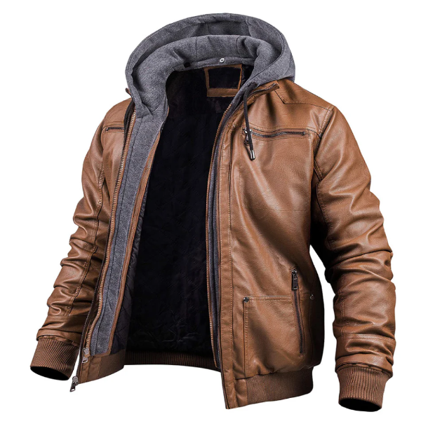 Herrjacka i läder – Slim fit – Huva med dragsko – Dragkedja – Ribbade muddar