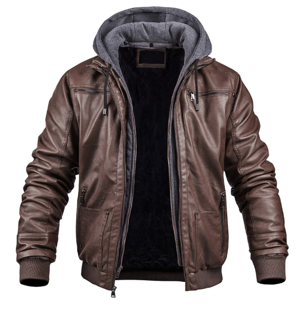 Herrjacka i läder – Slim fit – Huva med dragsko – Dragkedja – Ribbade muddar
