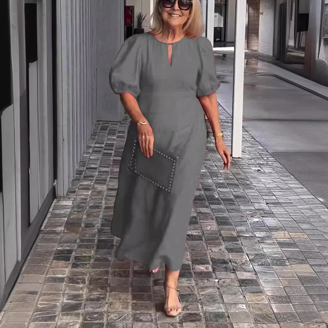 Damklänning maxi – Puffärmar – Elegant drapering – Nyckelhålsringning