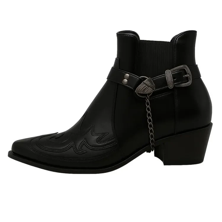 Herr Cowboyboots – Skinn – Ankelhöga – Spetsig Tå – Dekorsömmar Harnessdetalj