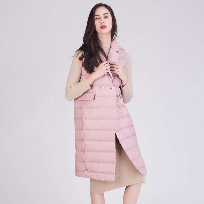 Damväst – Smal Passform – Duvfjädervadderad – Knälång – Quiltad med Dubbelknäppning