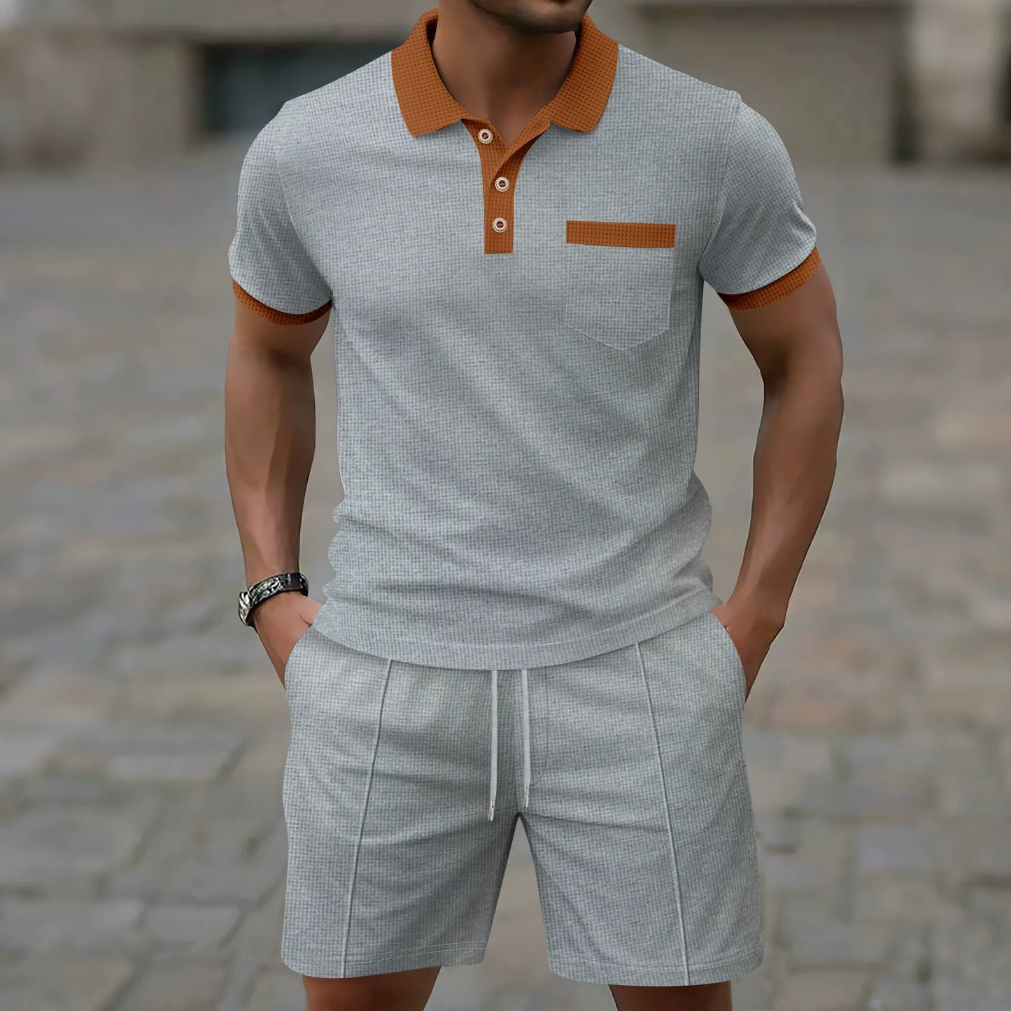 Herrset med pikétröja och shorts – Slim Fit – Andningsbart – Halv knapp – Bröstficka