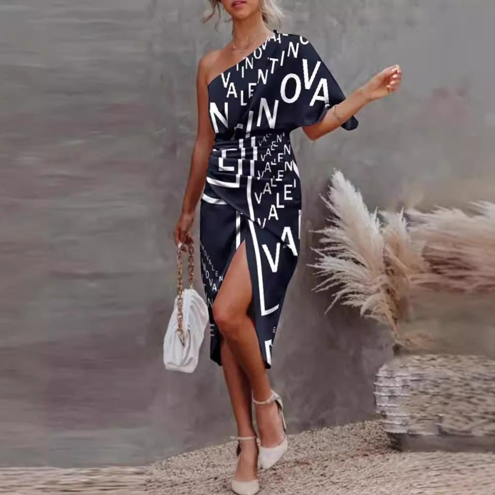 Damklänning – Bodycon Passform – Enaxlad – Bokstavstryck – Midjeband – Slits – Midilängd