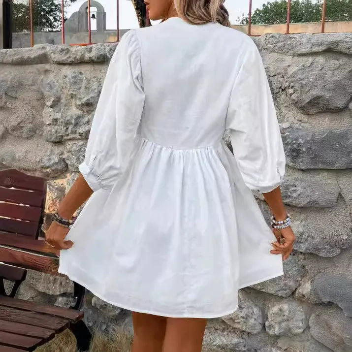 Damklänning – A-linjeformad passform – Bomullsblandning – Spetsdetalj – Puffärm