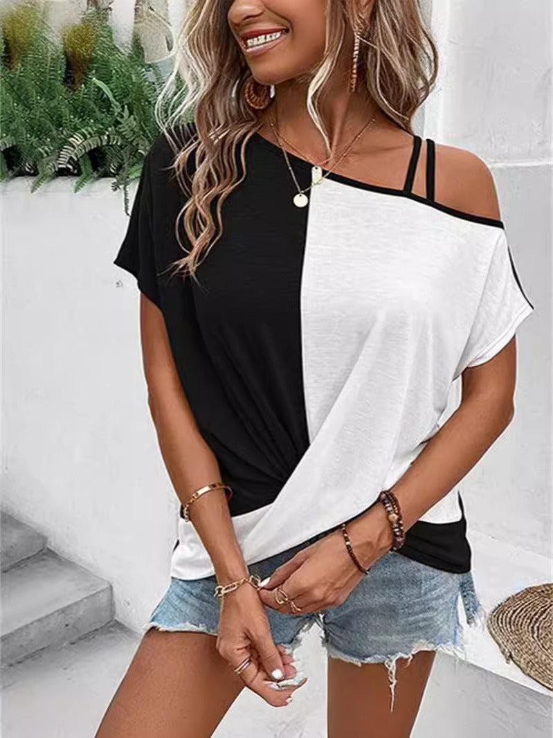 Dam T-shirt – Avslappnad Passform – Off Shoulder med Axelband – Cotton – Colorblock